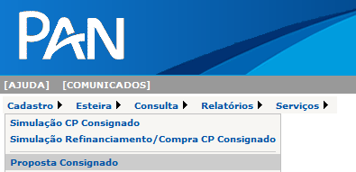 Cadastro de Proposta Cartão Consignado O sistema deve ser acessado pelo site do PANCRED, segue abaixo o passo a passo: 1º Acessar o site do PANCRED www.pancred.