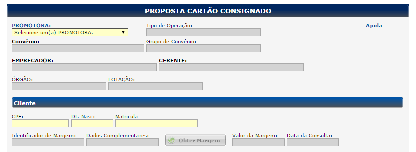 Cadastro de Proposta Cartão Consignado 3º - Selecionar a promotora, convênio,