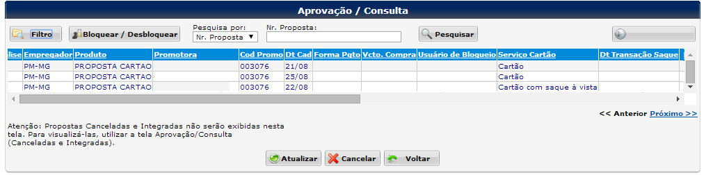 Consulta e Análise de Propostas Será possível identificar em tela o tipo de serviço vinculado a proposta (ex.