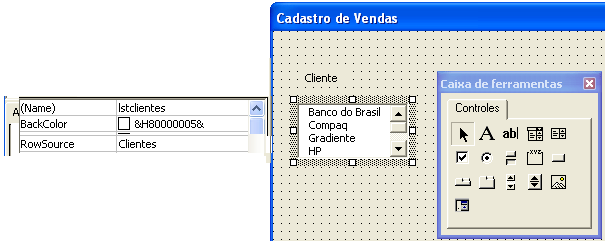 Agora altere o nome (propriedade name) para lblclientes e na propriedade Caption digite Clientes Insira agora o botão ListBox (caixa de listagem) e insira-o abaixo do rótulo Cliente.