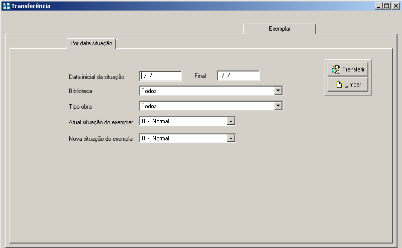 Manual PER-MAN-004 Transferência 3.3.3 POR DATA SITUAÇÃO Nesta guia é possível realizar transferência de Situação dos exemplares pela data de movimento.