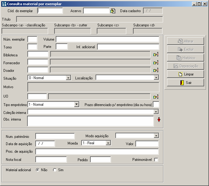 Manual PER-MAN-004 Exemplar 6 EXEMPLAR Neste processo são excluídos e/ou alterados os dados referentes aos exemplares. Possibilita abrir a tela de cadastro.