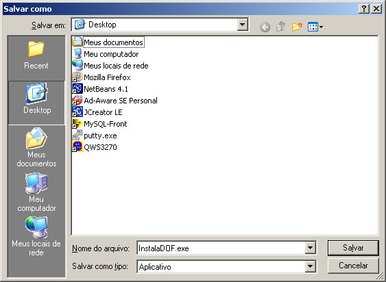 TELA PARA SELEÇÃO DO LOCAL, NOME E TIPO DE ARQUIVO A SER SALVO. Salve na sua máquina selecionando Desktop e pressionando o botão SALVAR.