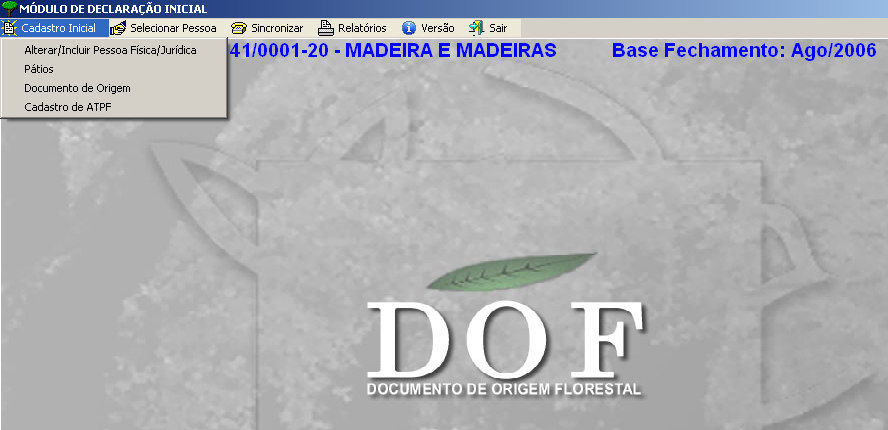 CADASTRAMENTO DE PÁTIO Agora vamos cadastrar o pátio, com base na declaração do estoque de Agosto/2006. TELA DA DECLARAÇÃO INICIAL Selecione a opção Pátios do Menu CADASTRO INICIAL.