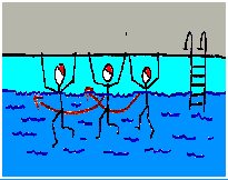 Deslocar junto ao bordo da piscina só com ajuda dos pés (Fig.6); Jogos permitindo a aproximação dos ombros da água (Fig.7); Fig. 6 Fig. 7 Exemplo: Fazem um círculo dando as mãos.