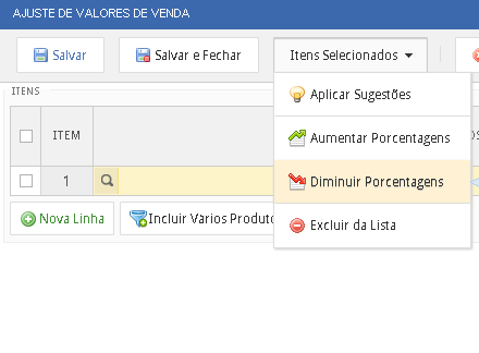 Reajuste em Massa de Valor de Venda É possível realizar o ajuste em massa de todos os valores de venda. Para isto, basta acessar o menu Valores de Venda / Ajuste de Valores de Venda.