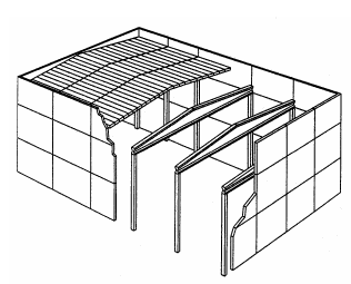 34 A distância entre as traves aporticadas é definida pelo vão da cobertura e pela tipologia construtiva da fachada, tendo o valor de 6 m para peças de concreto celular (FIGURA 9), valores de 6 a 9m