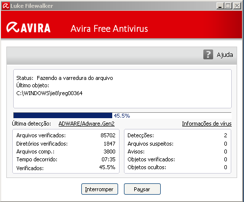 4º Passo: Depois de infectar a MAQUINA VIRTUAL do Windows Xp, foi relativamente utilizado o Antivírus, no caso o Avira em que por ser um dos Antivírus mais