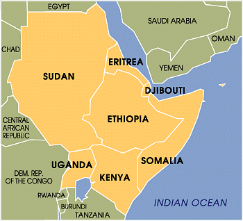 No mapa ao lado, destacamos a Somália, país do chamado Chifre da África, localizada na porção centro-oriental do continente e é caracterizada historicamente por inúmeros conflitos de caráter étnico,