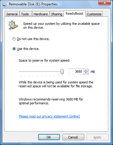 Após a seleção da opção Acelerar meu sistema, o Windows Vista exibe a guia ReadyBoost da caixa de diálogo de Propriedades do disco, conforme mostra a Figura 8.