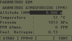 Ajustes preliminares Na sequência surgirá à tela seguinte onde podemos configurar os parâmetros do EDM tais como modo Prisma ou Sem Prisma, constantes, ponto Laser ligado ou desligado.