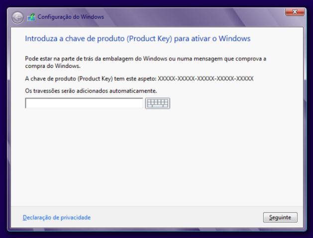 png 5º PASSO: Insira a chave de produto(product key), para ativar o windows 8 e clique em Seguinte.