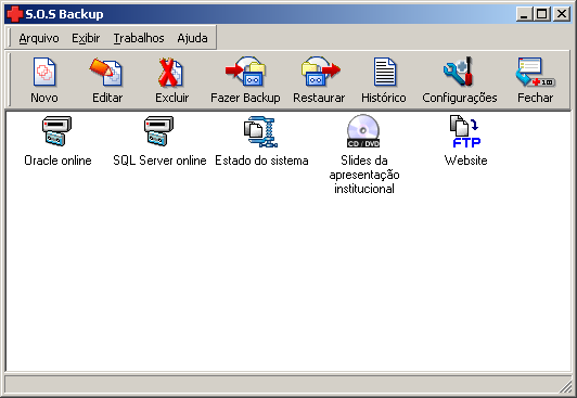 5 INTERFACE Na parte central da janela principal do S.O.S Backup é mostrado o conjunto de trabalhos de backup configurados.