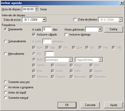 INTERFACE 49 Editando agenda Nesta janela, podem ser definidos os critérios para realização (automática ou não) do tipo de backup correspondente (completo, incremental ou diferencial).