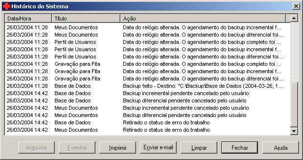 84 S.O.S BACKUP - DATABASE Histórico do sistema Nesta janela, estão registrados as ações realizadas pelo S.O.S Backup em um determinado período. Cada linha representa uma ação.