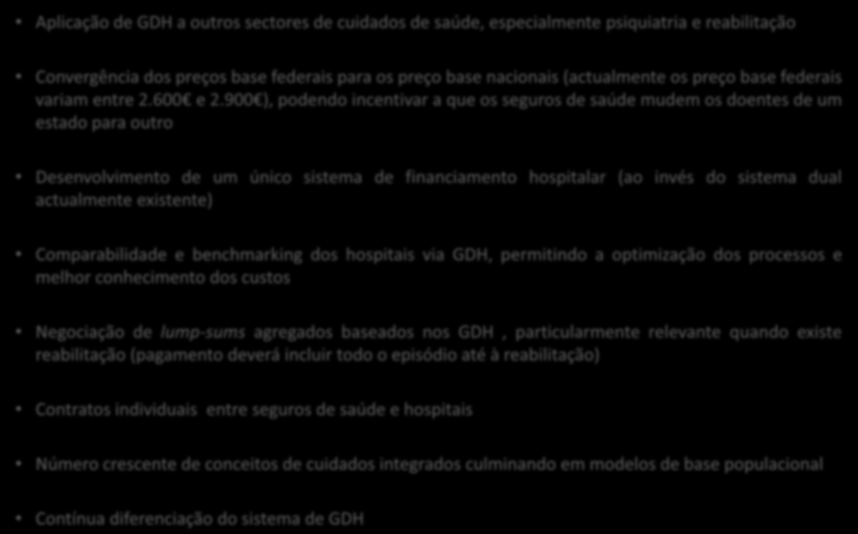 FINANCIAMENTO HOSPITALAR NA ALEMANHA PERSPECTIVA GERAL Tendências para os GDH Aplicação de GDH a outros sectores de cuidados de saúde, especialmente psiquiatria e reabilitação Convergência dos preços