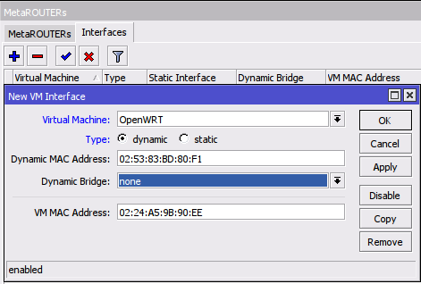 Metarouter Podemos definir a interface associado à VM de duas formas; estática e associada a uma interface fisica do hardware