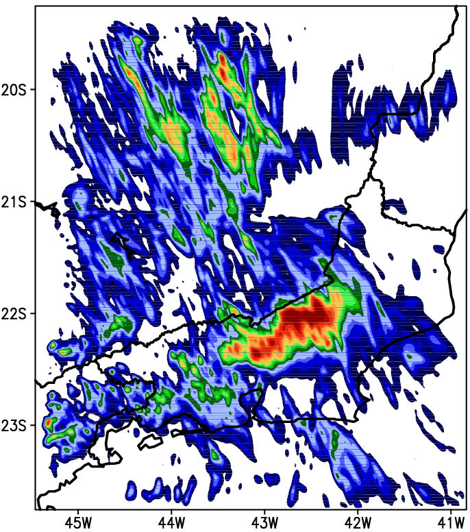 Aplicado à região serrana do RJ Janeiro de 2011 Acumulado de Chuva entre 00UTC 12 00UTC 13/jan/2011 Desempenho com 1 km de