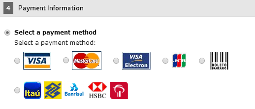 A próxima aba será a configuração da forma de pagamento: Ao Clicar na primeira opção Select a payment method, aparecerão várias opções de cartão de crédito, caso você queira pagar com cartão: