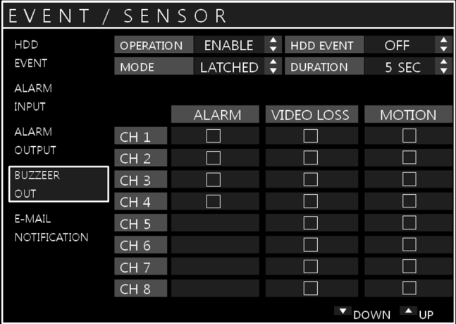 CONFIGURAÇÃO DO SISTEMA EVENT / SENSOR : BUZZER OUT Clique no menu BUZZER OUTPUT e em cada valor. Determina o comportamento e ações que irão disparar o buzzer interno.