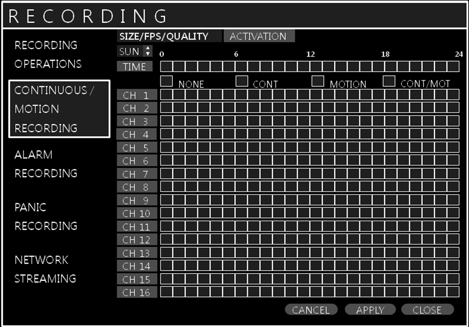 MENU DE GRAVAÇÃO Pressione ENTER. A configuração para gravação para o período selecionado é exibido. A taxa maxima de gravação é 480FPS na resolução de 1CIF (352x240).