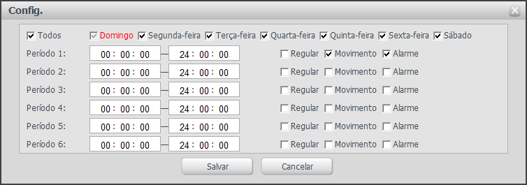 Na figura a seguir é exibida a tela de programação que é acessada através do botão Configurar: Programações de registro de fotos Para cada dia, é possível criar até seis períodos, cada um com uma