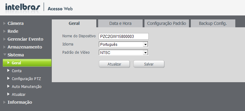 Parâmetros Esta interface, exibida na figura a seguir, permite ajustar as configurações referentes à gravação dos vídeos: Parâmetros de armazenamento Período gravação: é determinado o tamanho do