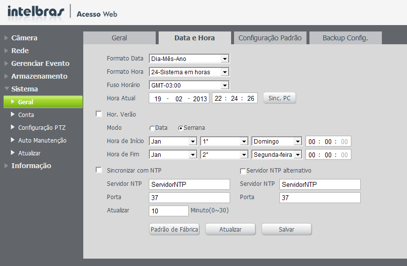 Data e Hora Esta interface, apresentada na figura a seguir, dispõe de todos os ajustes relacionados à data e hora do dispositivo.