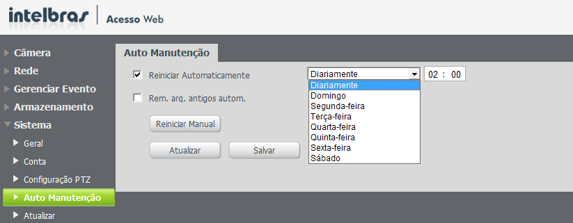 Buscar Limpar Log Atualizar Auto Manutenção Regular Video/Áudio Agenda/Local Rede Anormalidade Detecção de vídeo Padrão/Abrir/Salvar Parâmetros Configuração PTZ Para a movimentação da câmera é