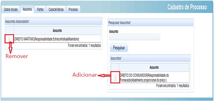 sistema informará o sucesso da operação com a seguinte mensagem: Para remover um assunto associado, clique em 23 Partes Adicionado(s) o(s) assunto(s), as partes deverão ser