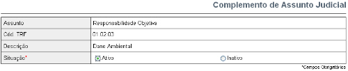 Manual do Servidor 70 O sistema mostrará a tela abaixo. No campo situação marque o que deseja (ativo ou inativo) e clique em gravar "Gravar"; 3. 3.7.3 Será mostrada uma tela com a mensagem "Complemento do Assunto Judicial atualizado com sucesso.