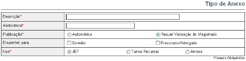 Manual do Servidor 76 3.7.10 Tipo de Anexo Apenas terá acesso a esse menu o servidor que tiver em seu cadastro o perfil de "Administrador do Juizado".