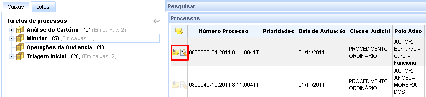 Os processos poderão ser movidos de uma caixa para outra dentro da mesma tarefa ou podem ainda, ter suas tarefas abertas, clicando ícones indicados. 3.4.1.