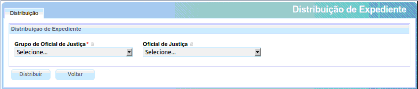 Guia Tela : Pesquisa (esquerda): campos para pesquisa dos expedientes não distribuídos. Distribuição de expediente (direita): lista dos expedientes físicos pendentes de distribuição.