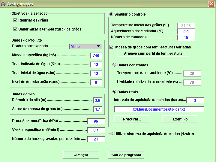 da faixa recomendável ou algum dado inválido, são exibidas mensagens informando este fato e solicitando a sua correção. Figura 5.2 Tela para entrada de dados no programa AERO.