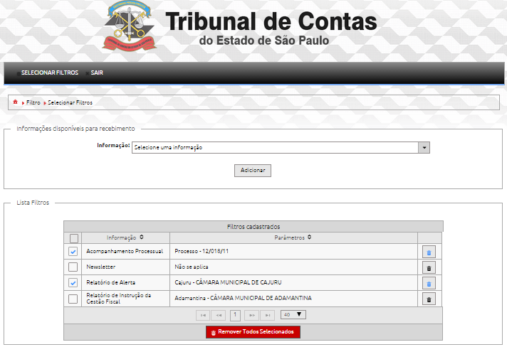 4. Exclusão de Filtros Para excluir um filtro selecionado existem duas alternativas: 1. Pressionar o botão de Cesta de Lixo localizado na coluna à direita da lista de filtros: 2.