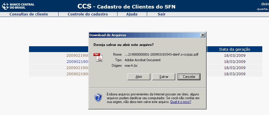 O arquivo de detalhamento fica disponível na tabela Lista dos arquivos disponíveis para download (Fig 22), encontrada através da opção Listar Arquivos de Detalhamento do menu Consultas de cliente.