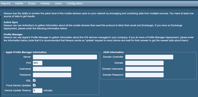 As únicas informações necessárias para iniciar um exame de dispositivo móvel básico são as informações do servidor Active Directory (Diretório ativo) ou MDM.