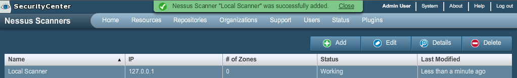 Um exemplo de imagem da página Add Scanner (Adicionar Scanner) do SecurityCenter é mostrado abaixo: Depois de adicionar com êxito o scanner, a seguinte página é exibida após a seleção do scanner: