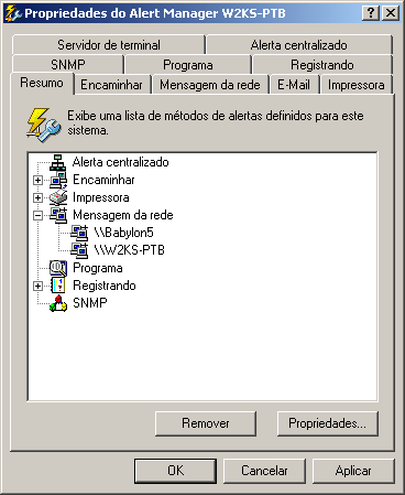 Configurando alertas Exibindo a página Resumo A guia Resumo da caixa de diálogo Propriedades do Alert Manager mostra os destinatários para os quais o Alert Manager enviará todos os alertas que