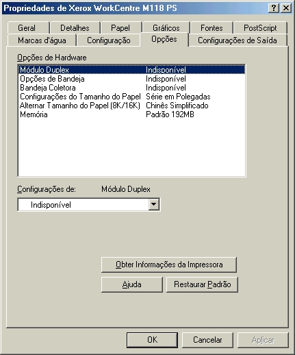 2 Operação com o Windows 95/98/Me Configurações da guia Opções Esta seção descreve as configurações da guia Opções. Selecione estes itens em Opções de hardware e os altere na caixa Alterar abaixo.