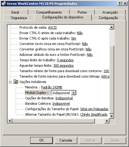 4 Operação com o Windows 2000, Windows XP e Windows Server 2003 Configurações da guia Configurações do dispositivo Esta seção descreve as Opções instaláveis na guia Configurações do dispositivo.