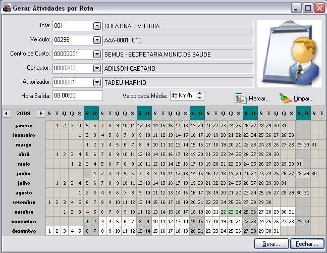 15 Gerador de Atividades por Rota: Nesta tela vamos gerar as atividades, marcando os dias que o