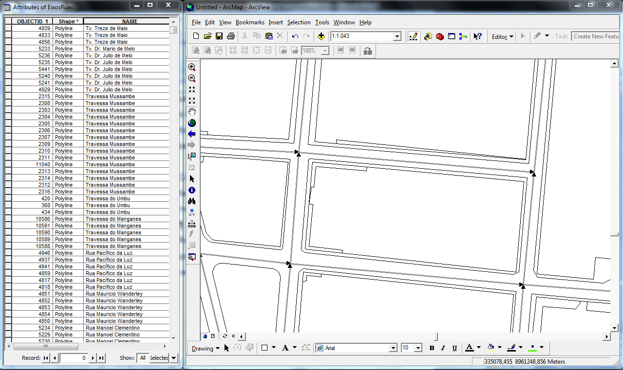 49 Figura 11: Mapa da cidade de Petrolina no software ArcGis, contendo as quadras, os eixos das ruas (setas) e o banco de dados.