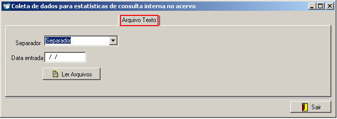 Manual PER-MAN-009 Coleta de dados 4.3 Arquivo Texto Permite gerar arquivo em bloco de notas para gerar estatística de uso do material pesquisado internamente da biblioteca.