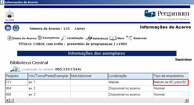 Manual PER-MAN-009 Malote Na tela Consulta, Informação dos exemplares a situação do exemplar