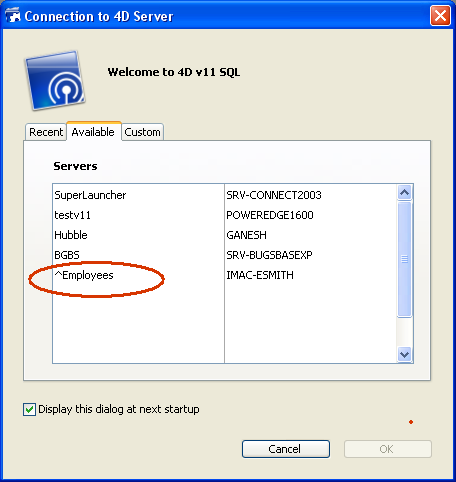 Note: When a database is not published dynamically in the Connection dialog box, the user can enter its name in the Custom page (see the Connecting to a 4D Server Database and Publishing