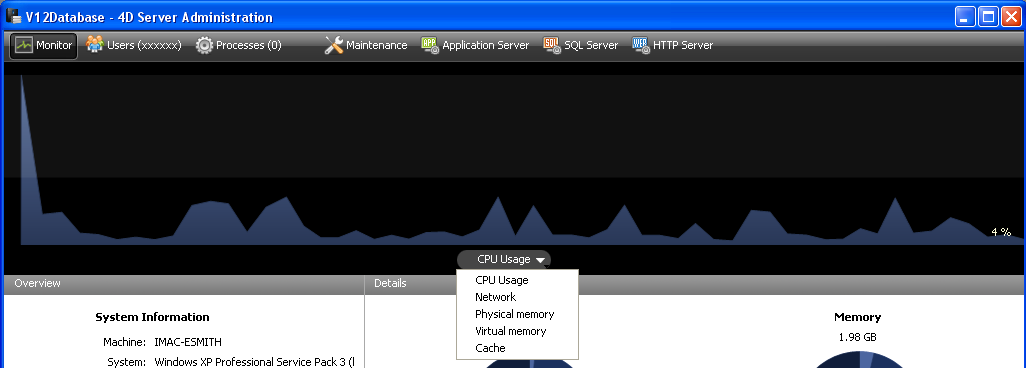 Página Monitor A página Monitor mostra informação dinâmica sobre o uso da base bem como informação do sistema e a aplicação 4D Server: Nota: Em Windows, a visualização desta informação está