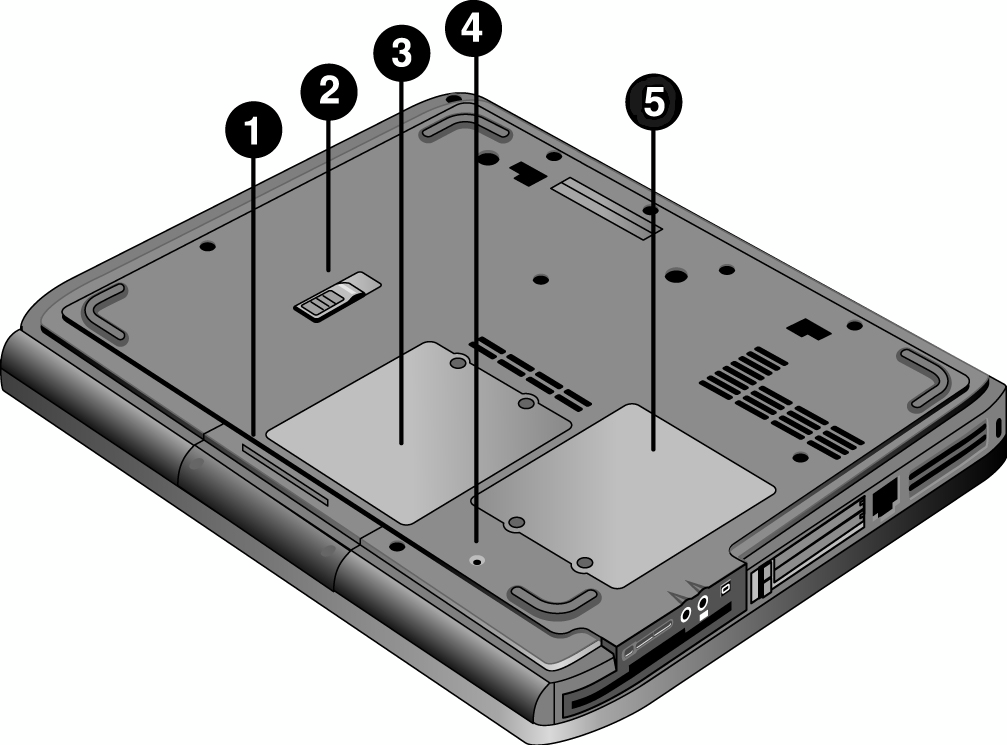 Informações básicas acerca do notebook Componentes do painel inferior 1 Unidade de disco rígido. 4 Botão reinicializar. 2 Trava da bateria.