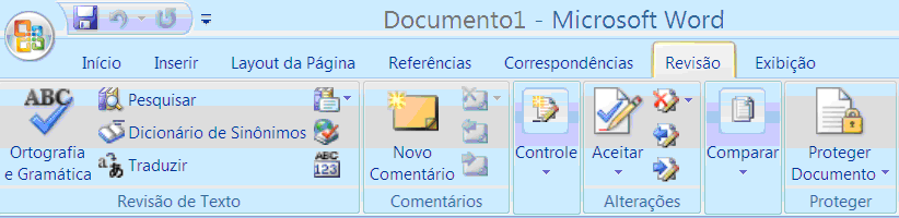 - Guia Revisão Permite verificar a ortografia e a gramática do texto no documento. documento. Permite ativar o controle de alterações no documento.